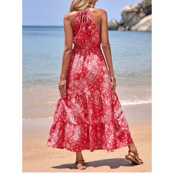 Paisley Print Ruffle Hem Halter Dress - Picture 2 of 9